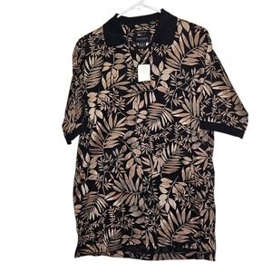 Van Heusen NWT Vintage Mens Small Floral Leaf‎ Print Short Sleeve Polo Shirt